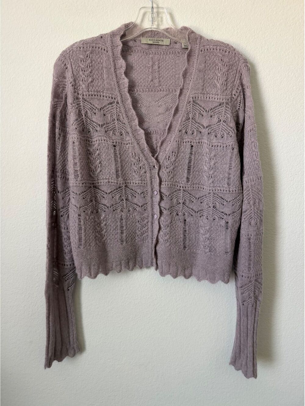 Allsaints Button Up V-Neck Wool Blend Open Knit Cardigan Sweater Women's Size M